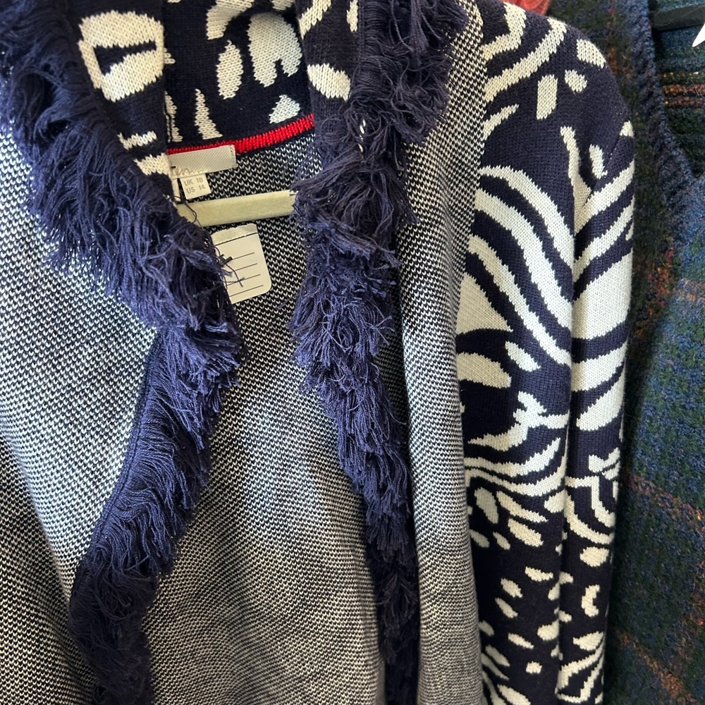 Boden Navy and White Fringed Jacquard Open Topper Cardigan - Picture 4 of 9